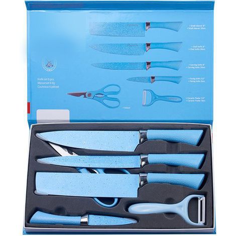 Ensemble de 6 couteaux colorés en acier inoxydable, pratique et doté d'un manche ergonomique pour la découpe (bleu).