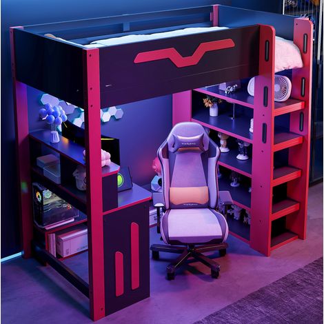 Lit mezzanine en MDF et contreplaqué noir et rouge 90x200 cm avec bureau, rangements et LED (1/5)