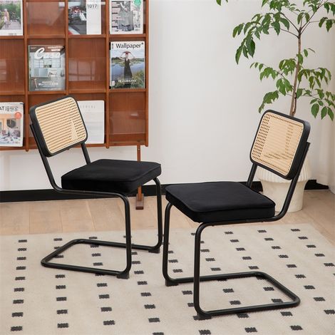 Set di 2 sedie da pranzo - Stile Breuer in velluto e rattan con gambe a slitta cromate per cucina - Nero