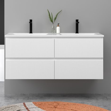 Meuble de salle de bain suspendu Strié 120cm avec double vasque + 4 tiroirs, Blanc