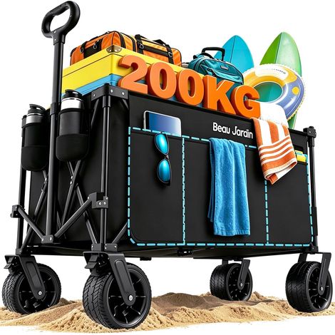 Chariot Tout Terrain Pliable 250 kg 300 L – Roues XXL 18×10 cm avec Frein, Poche Latérale, Toile 600D Imperméable, Structure Renforcée – pour Plage Camping Pêche Jardin Transport (1/5)