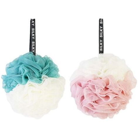 Lot de 2 grandes boules de douche et de bain en maille double couleur, 60 g (blanc et rose + blanc et vert) (1/5)