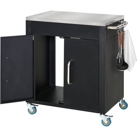 Chariot de cuisine à roulettes, desserte, chariot roulant avec placard, crochets et poignées en inox, accessoire de cuisine, table de barbecue en inox, chariot de cuisine, 86 x 50 x 86,5 cm, noir (1/5)
