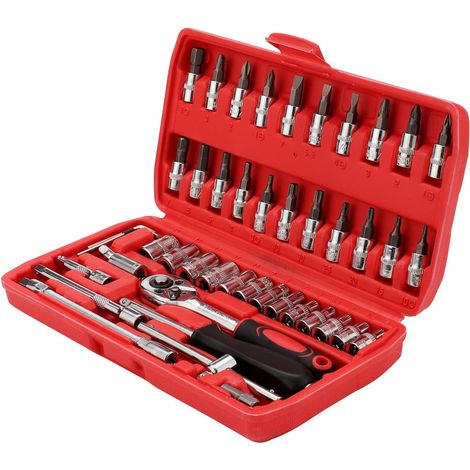 Socket Wrench Set, 46pcs 1/4" Drive Ratchet Wrench with Tool Box, 4-14mm Cr-V Socket Wrench, Screwdriver Bits, Extension Bars for Home (1/5)