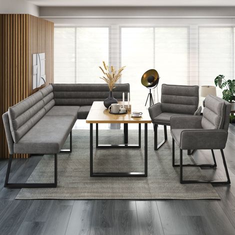 Ensemble banc d’angle + table + 2 chaises en tissu chenille gris et structure bois,parfait pour coin cuisine et salle à manger.