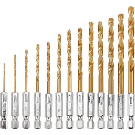 Set di 13 punte da trapano HSS in metallo con rivestimento in titanio, per metallo, legno e plastica. (1/5)