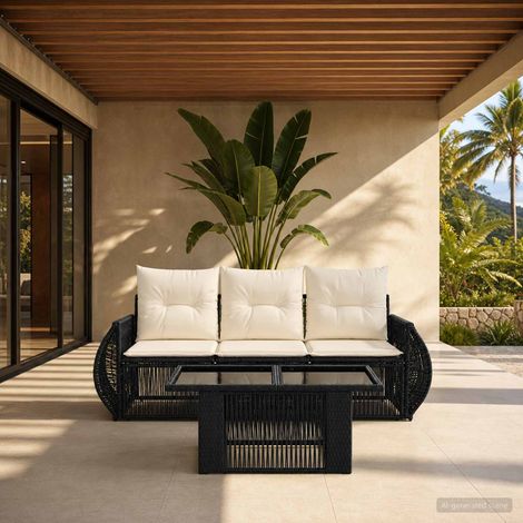 vidaXL Set Divano da Giardino 4 pz Nero e Bianco Crema polyrattan (1/5)