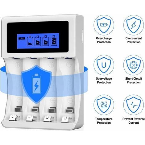 LCD Chargeur de Piles Rapide, 4 Slots Universel Chargeur de pour Piles AA/AAA, pour 4 Piles Ni-MH/Ni-CD(Port USB) (1/4)