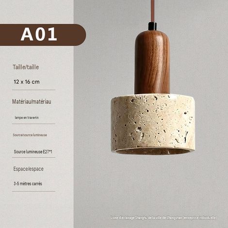 Lampe à suspension décorative ronde en pierre travertin et bois massif, design rétro mid‑century pour chambre à coucher, table de restaurant, maison d’hôtes (1/5)