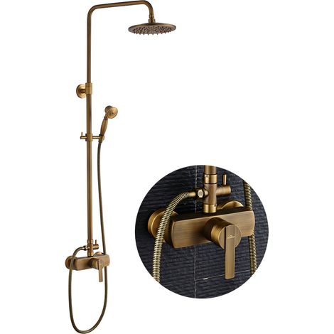 Cepillada Columna de ducha en Latón 2 Función Set de Ducha con Rociador Ducha lluvia 20 cm y Ducha de Mano, Conjunto de Duchas con Barra de ducha 91-126 cm
