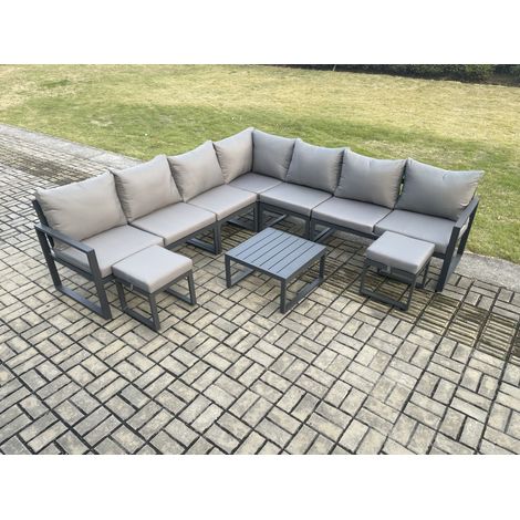 Fimous Outdoor Garden Furniture Patio Lounge Corner Sofa Aluminium Set with Square Coffee Table 2 Small Footstools Dark Grey (1/5)