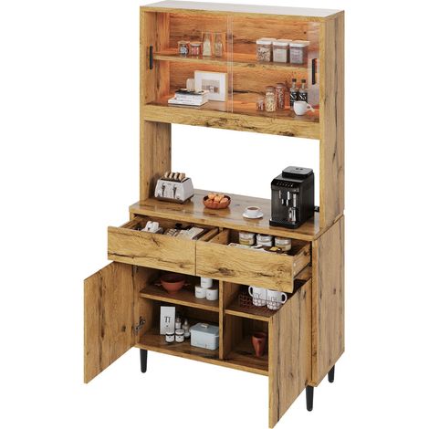 Buffet haut salle à manger 100x40x185 cm, meuble de rangement avec LED, vaisselier couleur chêne avec prises et USB (1/5)