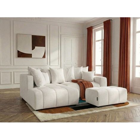 BOBOCHIC - Canapé d'angle L convertible coffre ROXELANE tissu chiné avec pouf Angle gauche  Blanc