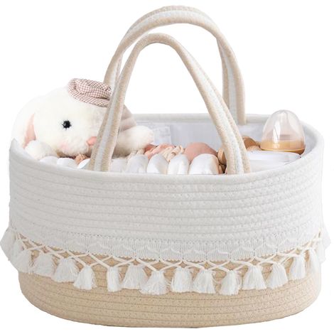 [Aufbewahrungskorb] [36 x 22 x 18 cm, oval] Windelkorb, Spielzeugkorb, Aufbewahrungskorb mit Fächern für Kinder, tragbar mit abnehmbaren, wendbaren Fransen, zum Selbstgestalten, hell/milchig (1/5)