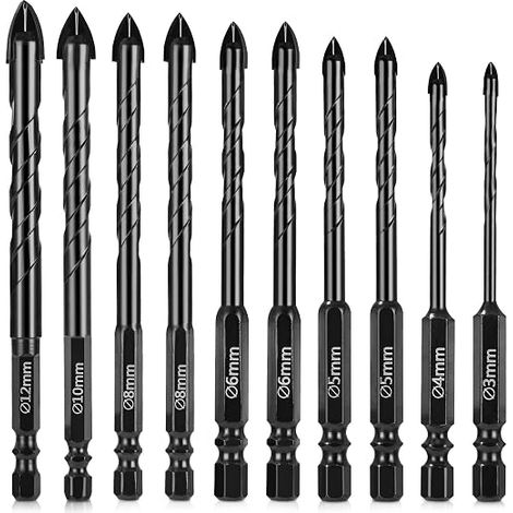 Fliesenbohrer-Set, 10-teilig, Hartmetall-Spiralbohrer, Glasbohrer, Fliesenbohrer mit Sechskantschaft, für Keramikfliesen, Beton, Glas, Kunststoff, Holz, 3–12 mm (1/5)