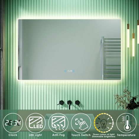 SIRHONA Specchio da Bagno Antiappannamento 100 x 60 cm con Illuminazione a LED Interruttore Tattile e Visualizza ora e temperatura Specchi da Parete Cosmetici a LED Impermeabile IP44 (1/5)