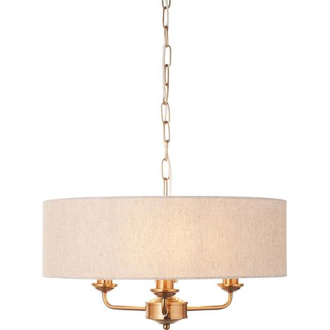 Endon Highclere Plafonnier à plusieurs bras en laiton vintage, lin naturel, 3 x E14