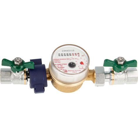 Einstrahlzähler ETK Kombi-Set (Warmwasser) bis 90 Grad Länge 110 mm, inkl. Kugelhähne grün 1/2 Zoll, Plombierschelle