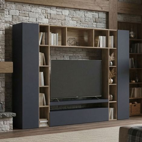 Dmora - Parete attrezzata Austis, Set salotto porta TV a 3 ante, Mobile soggiorno multiuso, 100% Made in Italy, cm 270x35h210, Antracite e Rovere (1/5)