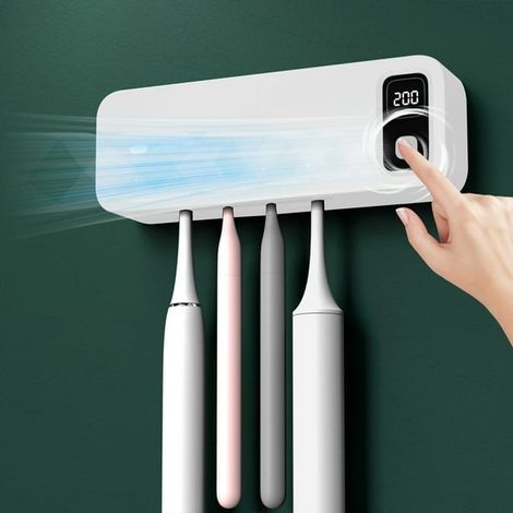Lila Zahnbürstenhalter, wandmontierter Trockner mit 5 Fächern und UV-Sterilisation, wiederaufladbares USB-Ladegerät, bohrfreie Montage fürs Badezimmer (1/5)