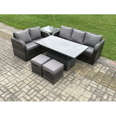Fimous Outdoor Rattan Garden Furniture Sets Height Adjustable Rising lifting Dining Table Lounge Sofa Set With Side Table 2 Small Footstools Dark Grey Mixed (1/5)