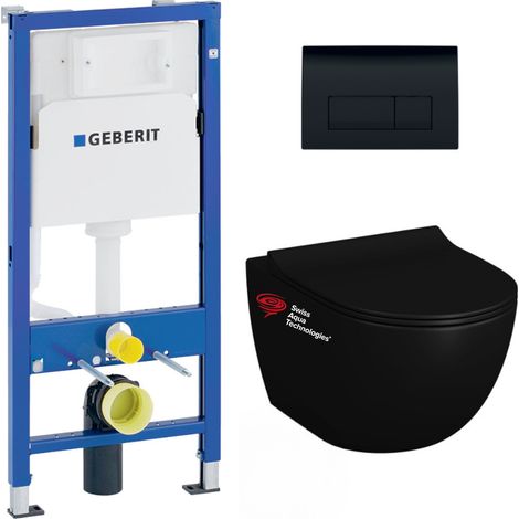 Pack WC bati-support Geberit + WC sans bride Swiss Aqua Technologies + abattant SoftClose + plaque noir (BLINFI2GEB7)