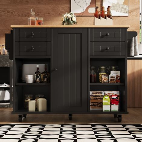Armoire de cuisine, chariot à manger en grain de bois, noir avec espace de rangement multifonctionnel et séparateurs amovibles (1/5)