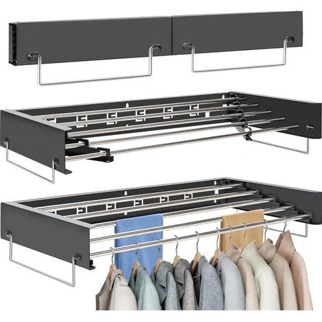 1 - Étendoir à linge mural - Séchoir rétractable - 5 tiges en acier inoxydable - Pour intérieur et extérieur - Noir - 80x40x10cm (1/5)