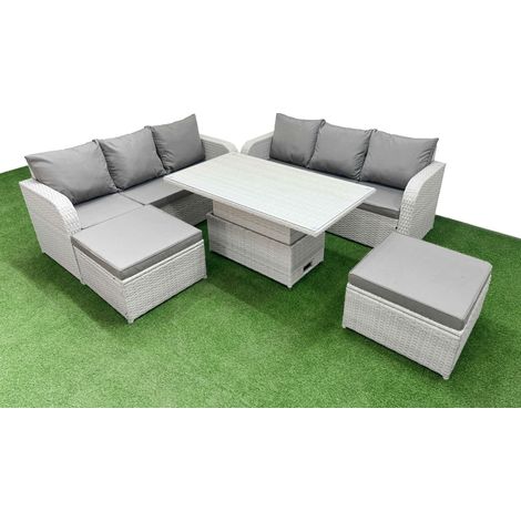 Fimous Outdoor Garden Furniture Sets 8 Seater Wicker Rattan Furniture Sofa Sets with Adjustable Lifting Dining or Coffee Table high Back Lounge Sofa 2 Big Footstool Light Grey (1/5)