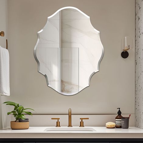 Scalloped Frameless Wall Mounted Bathroom Mirror Decorative Mirror Entrance Decor, Large 63 x 81cm