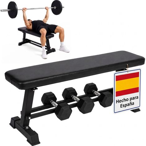 Relaxdays banco de pesas plano, soporte hasta 300 kg, 46x36x105 cm, acero, tapizado PU, negro (1/5)