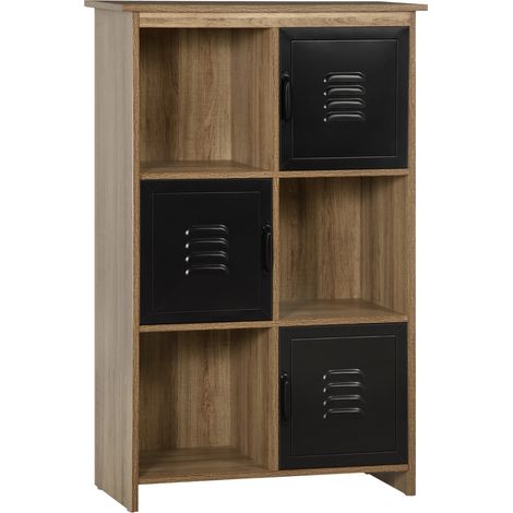Mobile contenitore in stile industriale con 3 scomparti e 3 cassetti, finitura effetto legno e ante in metallo nero.