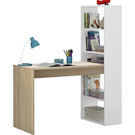 Bureau multifonction réversible avec bibliothèque 5 étagères, Table d'étude ou de bureau pour support livre PC, 120x53h144 cm, Blanc et Chêne (1/3)