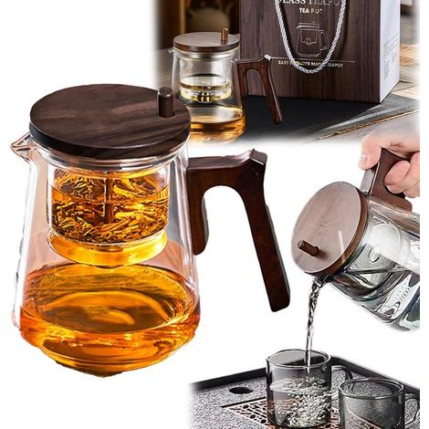 Tetera de vidrio con colador y mango de madera de 800 ml - Resistente al calor (1/5)