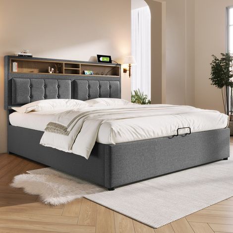 Lit coffre 160x200 cm tissu lin tête de lit prises usb rangement spacieux sans matelas (1/5)