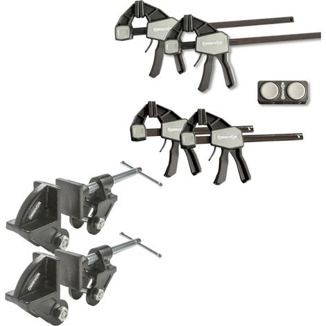OMNIVOR - Pack Assemblage Bois - Lot 2 Têtes de Dormant Mâchoires 40 mm Support 27 mm - Lot 4 Serre-Joints Rapides Une Main 2x150 et 2x300 mm Force 68 kg (1/5)