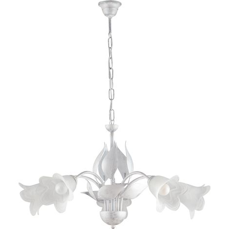 Lampadario in ferro Bianco Argento cinque luci vetri Alabastro Bianchi 68x h43 cm (1/3)