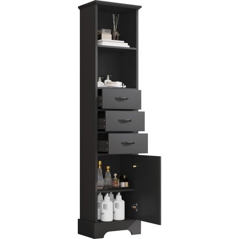 Armadio alto da bagno 38x26x172,5 cm in MDF laccato nero con 3 cassetti e ripiani regolabili (1/5)
