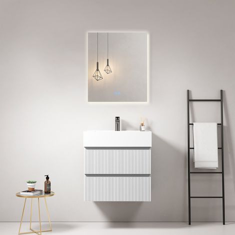 Mobile bagno sospeso cannettato 60 cm Bianco Lavabo in Resina Specchio Quadro Retroilluminato - Fiji Paint