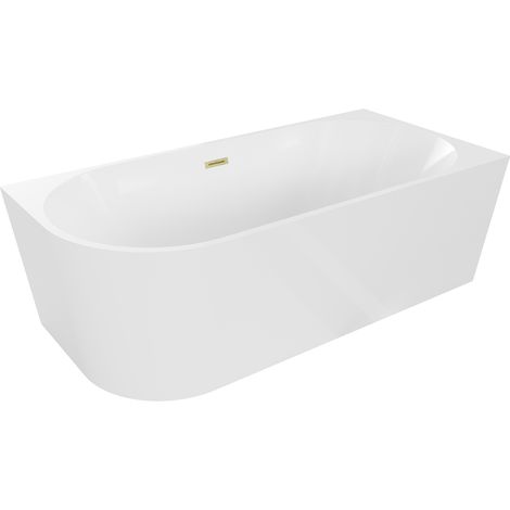 Mexen Mia freistehende Eckbadewanne rechts 140 x 75 cm, weiß, Überlauf gebürstet gold - 52691407500P-55 (1/5)