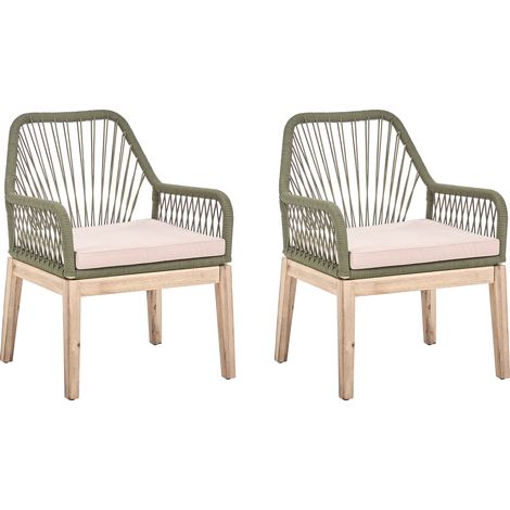 Conjunto de 2 sillas de jardín con cojines estructura de polipropileno trenzado patas de madera de acacia moderno blanco verde oliva Olbia