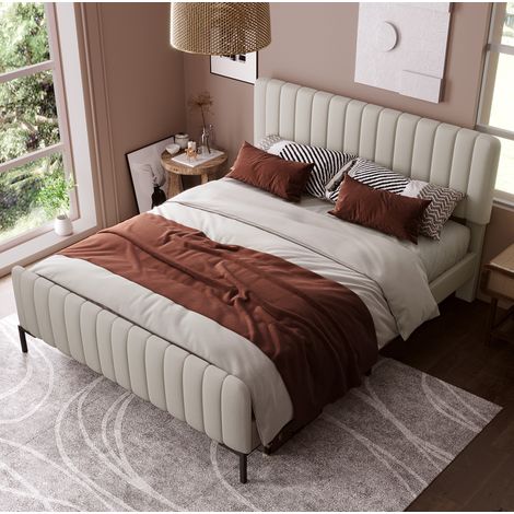 Bett Polsterbett 160x200 cm modern in Grau-Beige, mit verstellbarem Kopfteil, Lattenrost und Metallbeinen (1/5)
