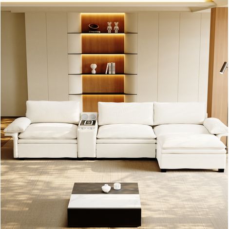 Ecksofa Chenille Beige/Weiß 315 cm, modulares 4-Sitzer Sofa mit Ottoman, Wireless Charging und Bluetooth-Lautsprechern (1/5)