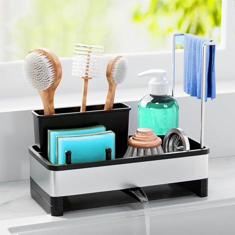 Organizzatore per lavello da cucina con vassoio di scolo automatico, porta spugna per portasciugamani, accessori per riporre e organizzare gli utensili da cucina (nero) (1/5)
