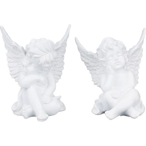 Figurine Ange Gardien Assis Rêvant - Lot de 2 en Résine Blanc Crème - Décoratif Enfant Petit Ange (1/5)