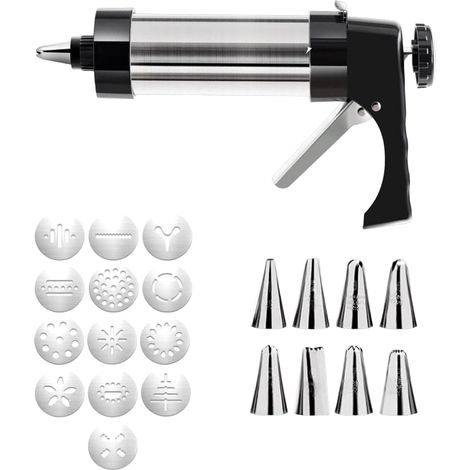 1 Pièces Kit Patisserie Accessoire,1 Pistolet à Douille,8 Douilles,13 Rondelles,Blanc,Construction en Acier Inoxydable,Facile à Nettoyer.25 × 15 Cm. (1/5)