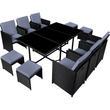 Concept-Usine – Ensemble table et chaises de jardin 10 places – Résine tressée noir et gris – Table rectangulaire avec plateau en verre – Dossiers rabattables