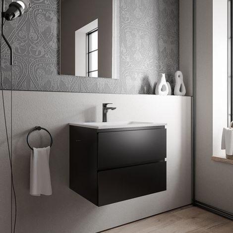 BERNSTEIN - Petit meuble vasque de salle de bain MDF Noir mat avec lavabo fonte minérale Blanc mat - 60x45,6x50cm - AVA BRUXELLES - Noir mat, Blanc mat avec trou pour robinetterie