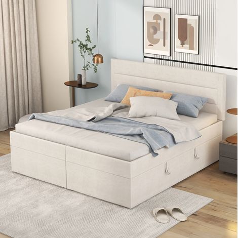 Letto contenitore 140x200 cm in legno e metallo beige con contenitore - MEUBLIV (1/5)