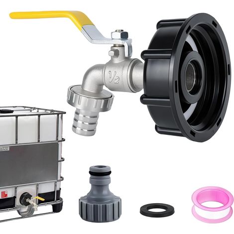 Robinet d'écoulement pour réservoir d'eau de pluie 1000 l Robinet à boisseau sphérique en alliage avec raccord 1/2" Adaptateur pour robinet de réservoir d'eau S60 x 6, réservoir d'eau de pluie (1/5)